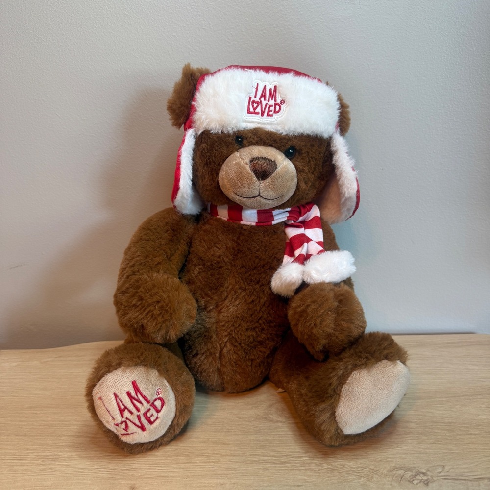 Helzberg Diamonds I Am Loved Christmas Teddy Bear Brown Plush Trapper Hat 15in